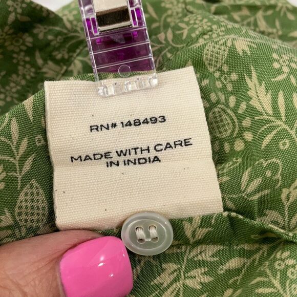 Doen Green Floral Button Front Ruffle Trim Short Sleeve Dauphine Blouse XS - Picture 9 of 12